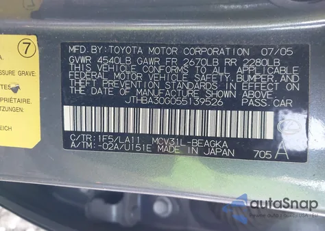 2005 Lexus Es 330 из США, поврежденный, VIN JTHBA30G055139526